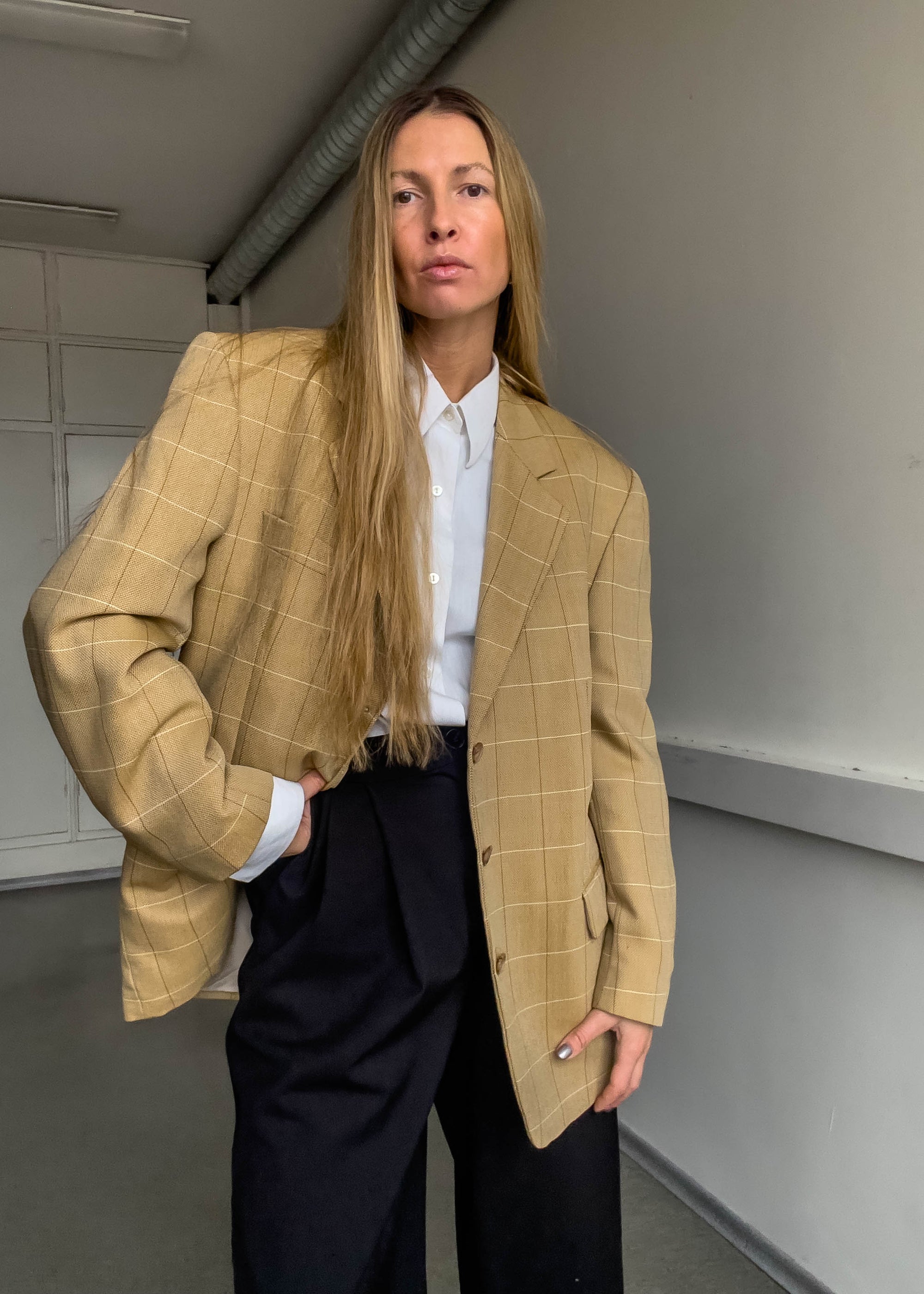 Vintage Brown Checked Oversized Blazer