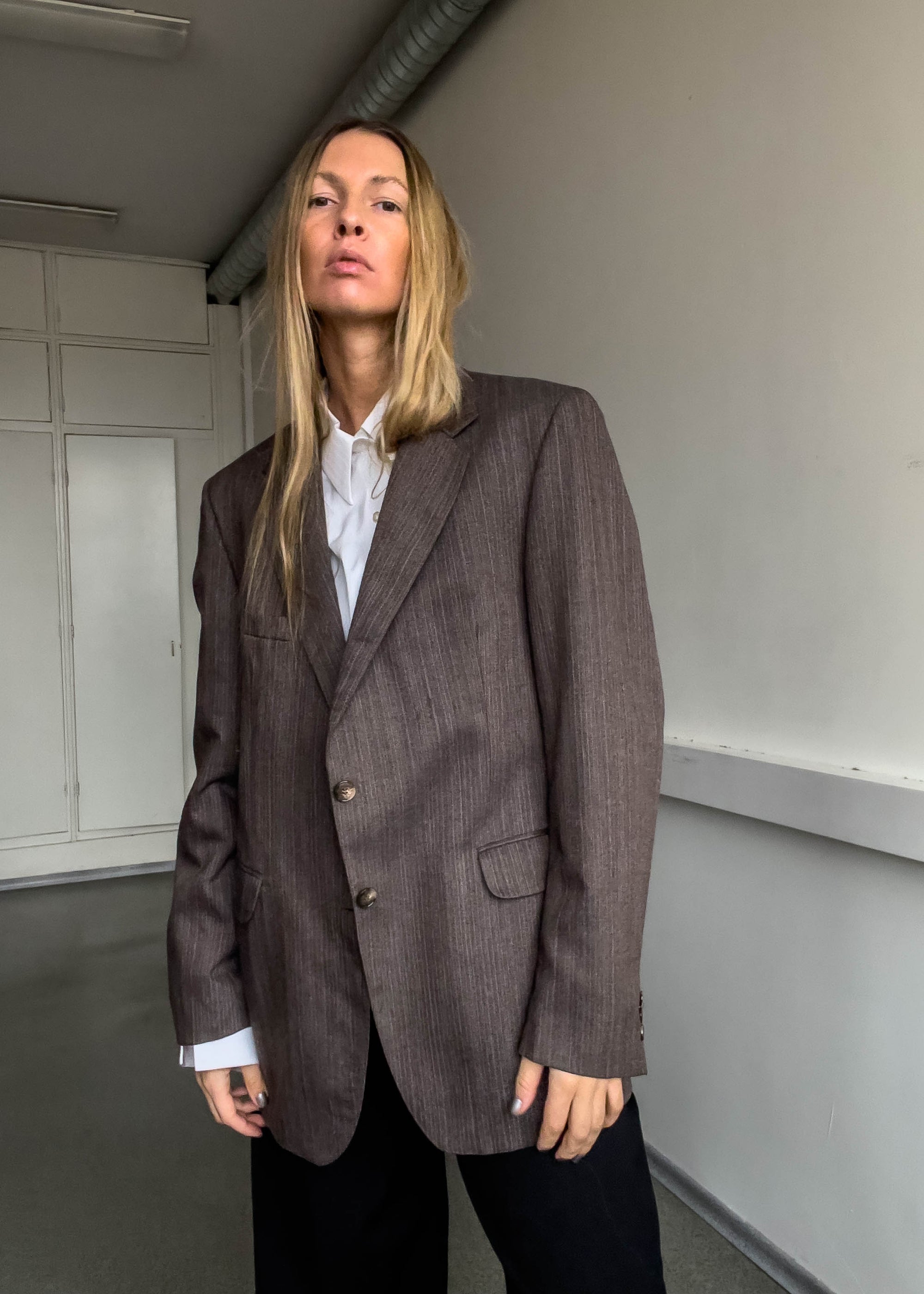 Vintage Brown Stripy Oversized Blazer