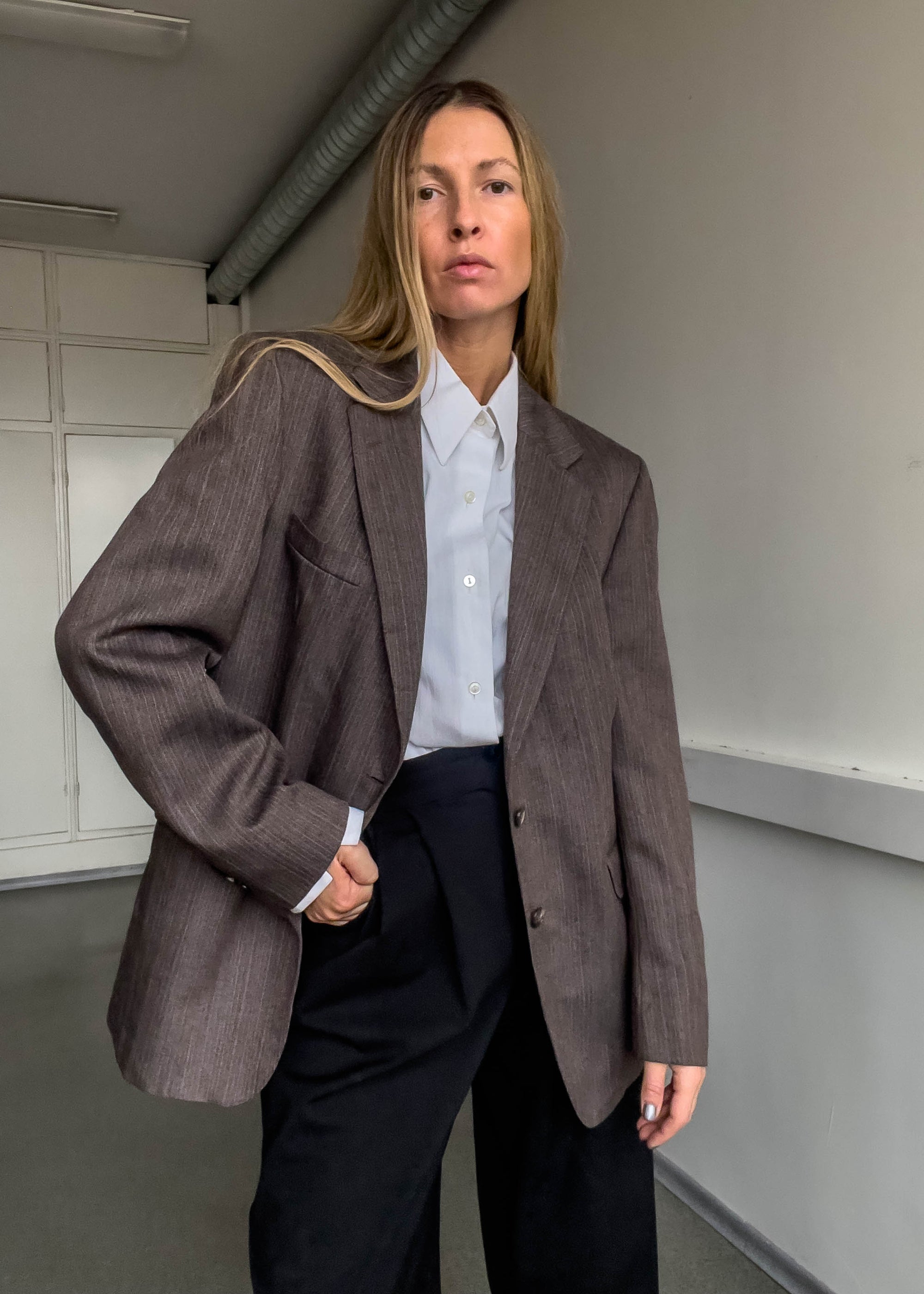 Vintage Brown Stripy Oversized Blazer