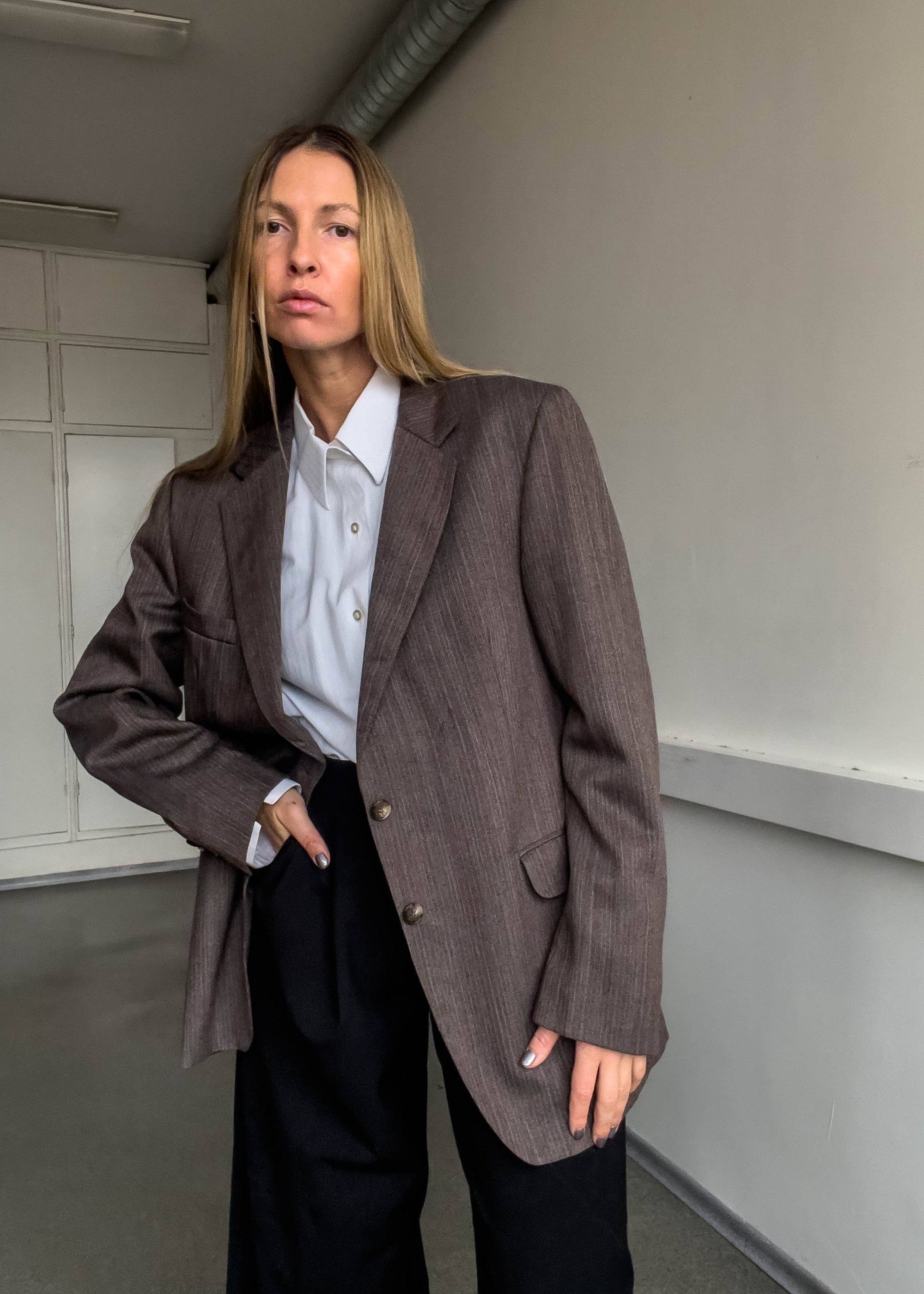 Vintage Brown Stripy Oversized Blazer