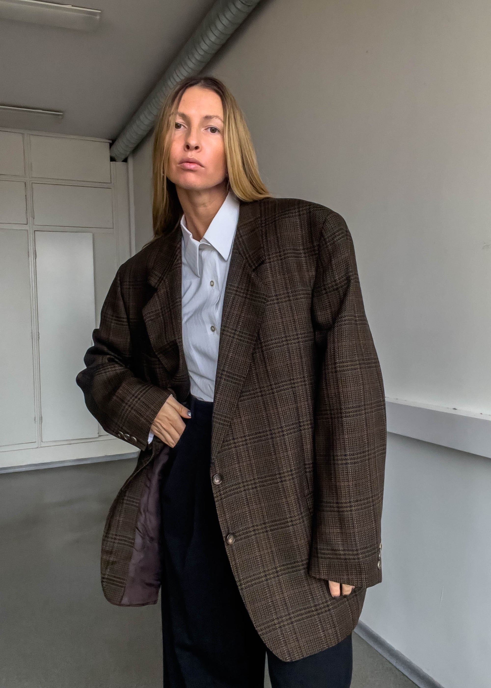 Vintage Brown Checked Oversized Blazer