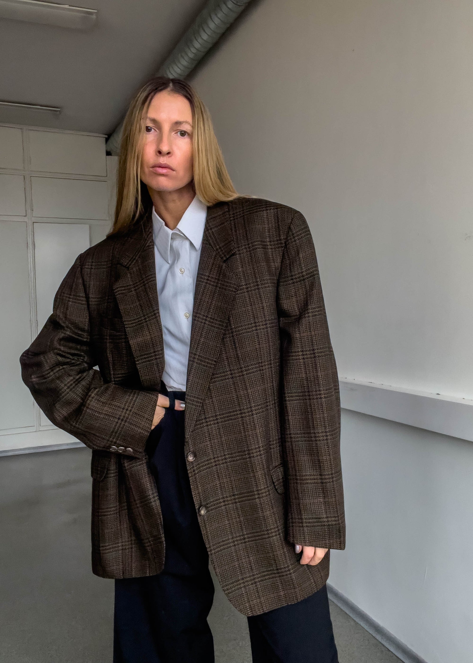 Vintage Brown Checked Oversized Blazer