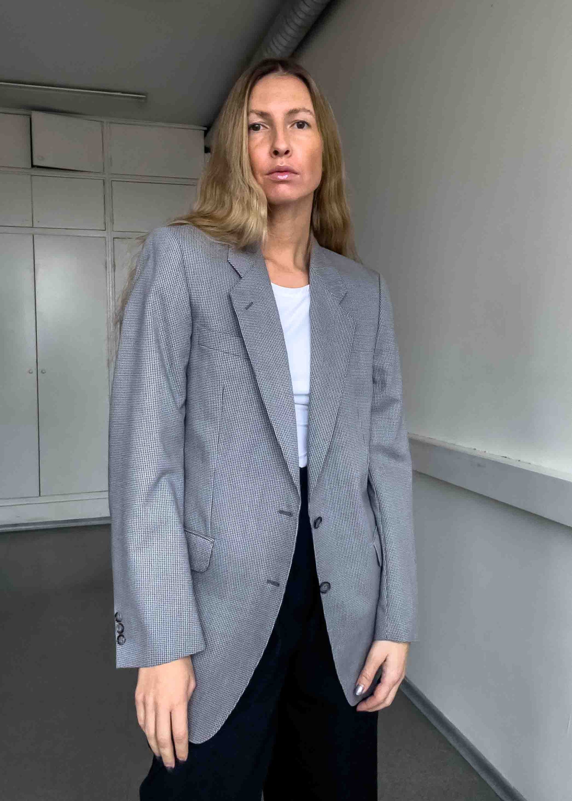 Vintage Grey Checked Oversized Blazer