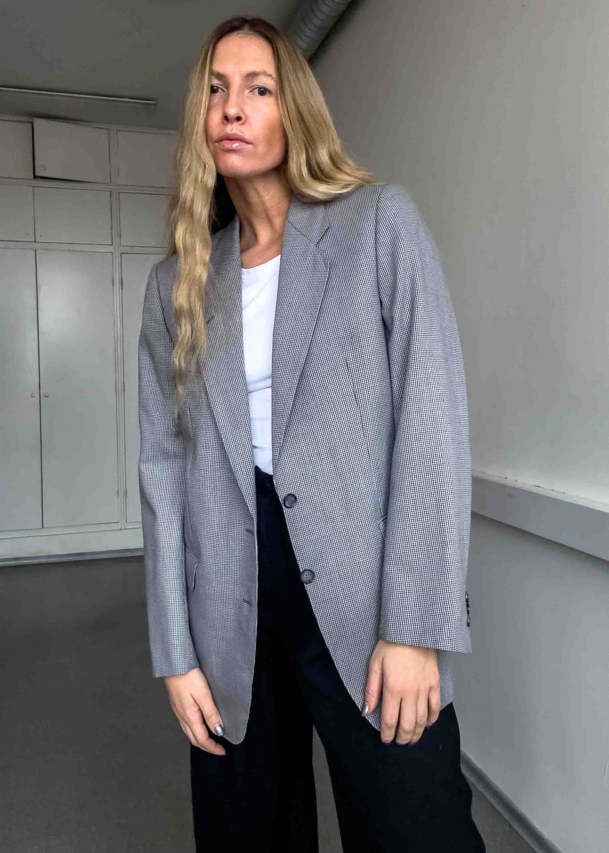 Vintage Grey Checked Oversized Blazer