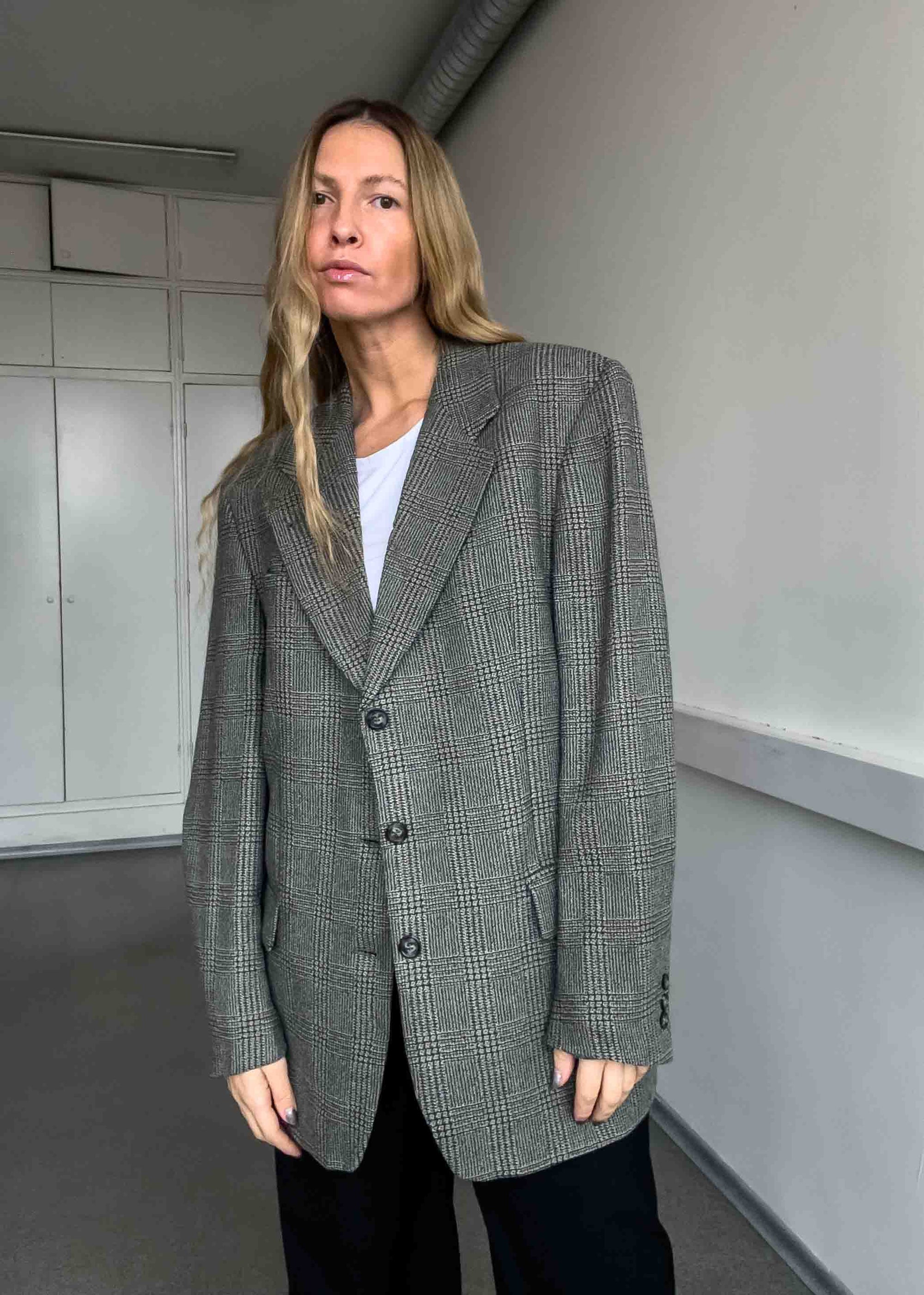 Vintage Checked Oversized Blazer in Green & Grey Tones