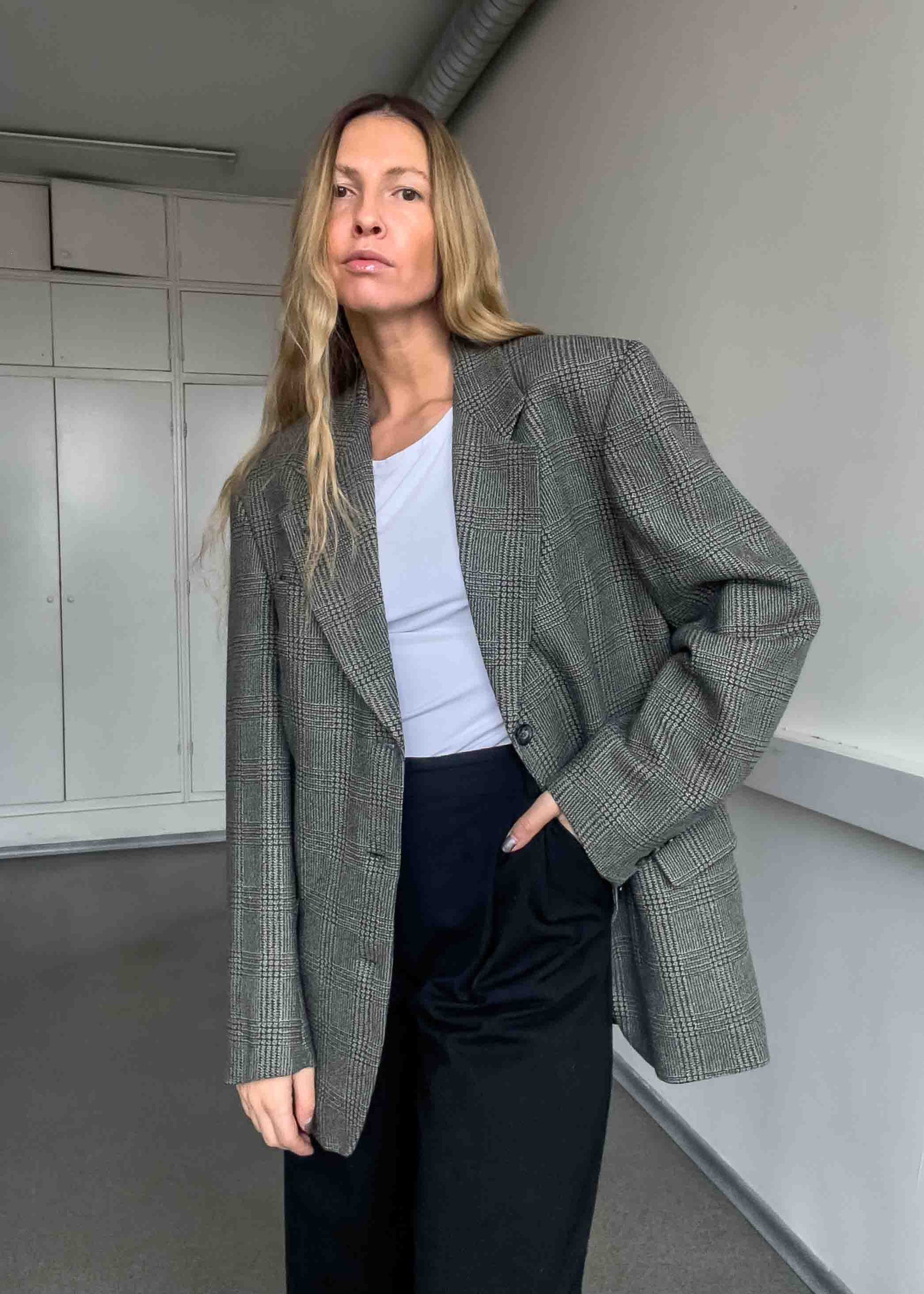 Vintage Checked Oversized Blazer in Green & Grey Tones