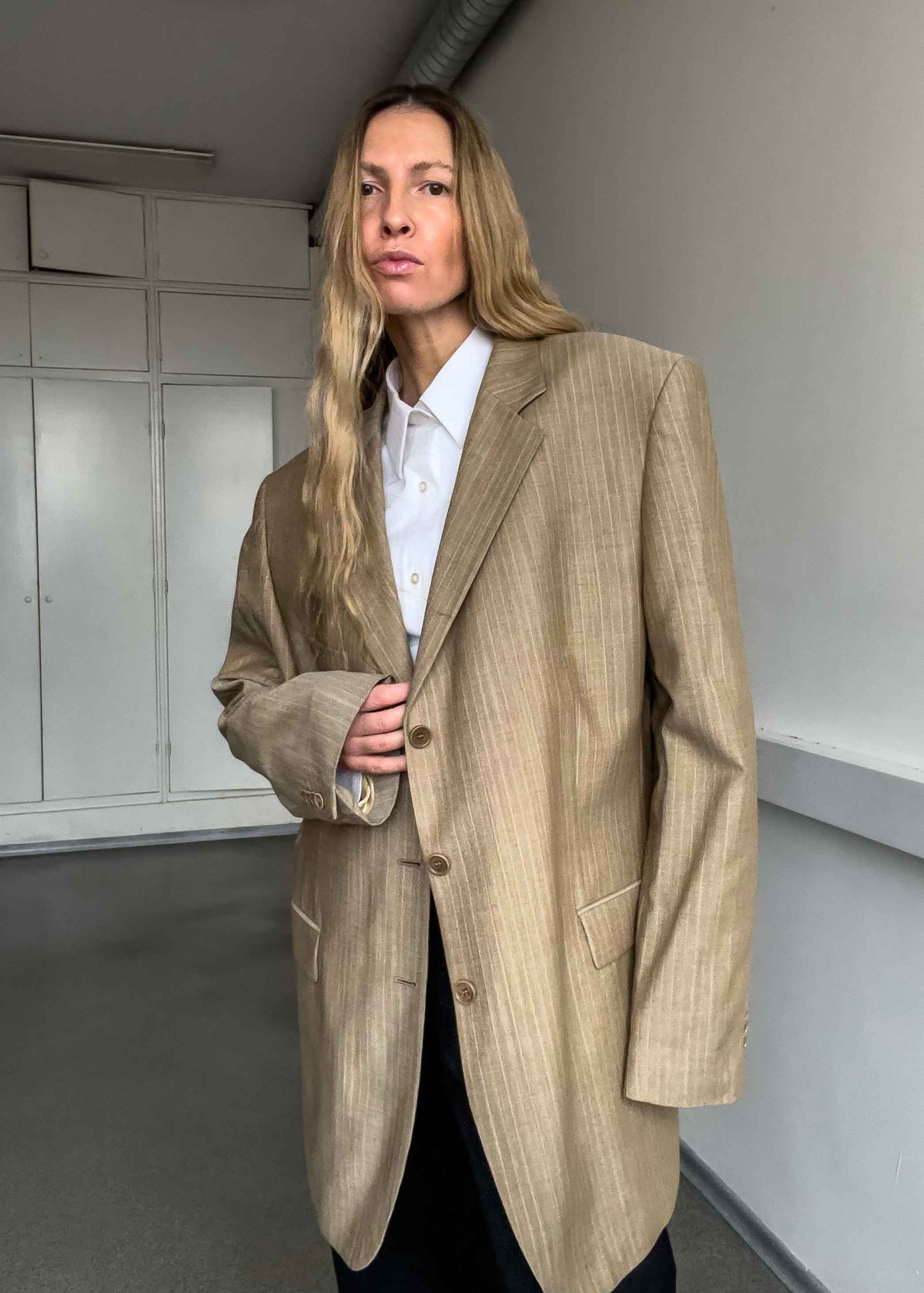 Vintage Beige Stripy Oversized Blazer