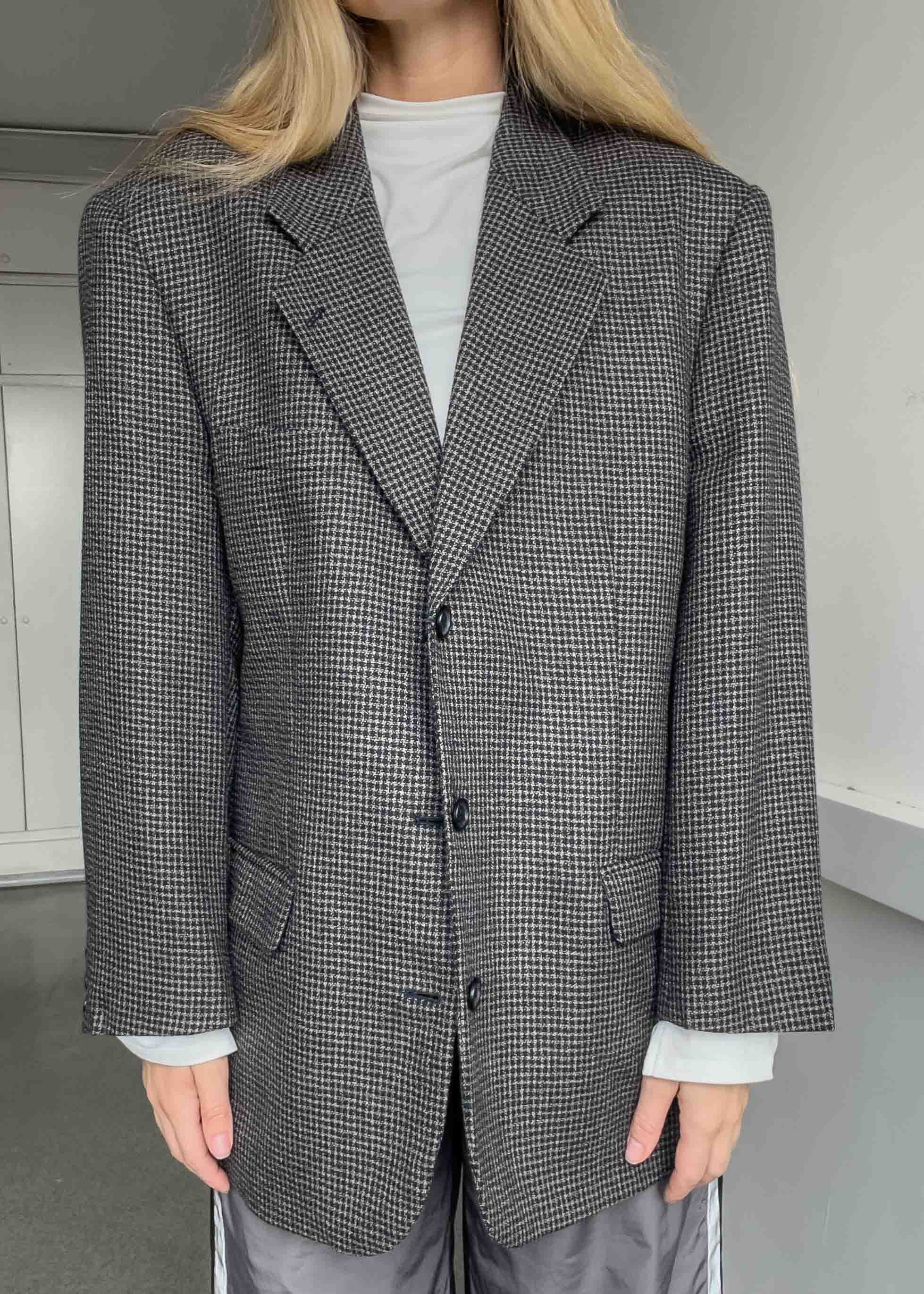 Vintage Grey Checked Oversized Blazer