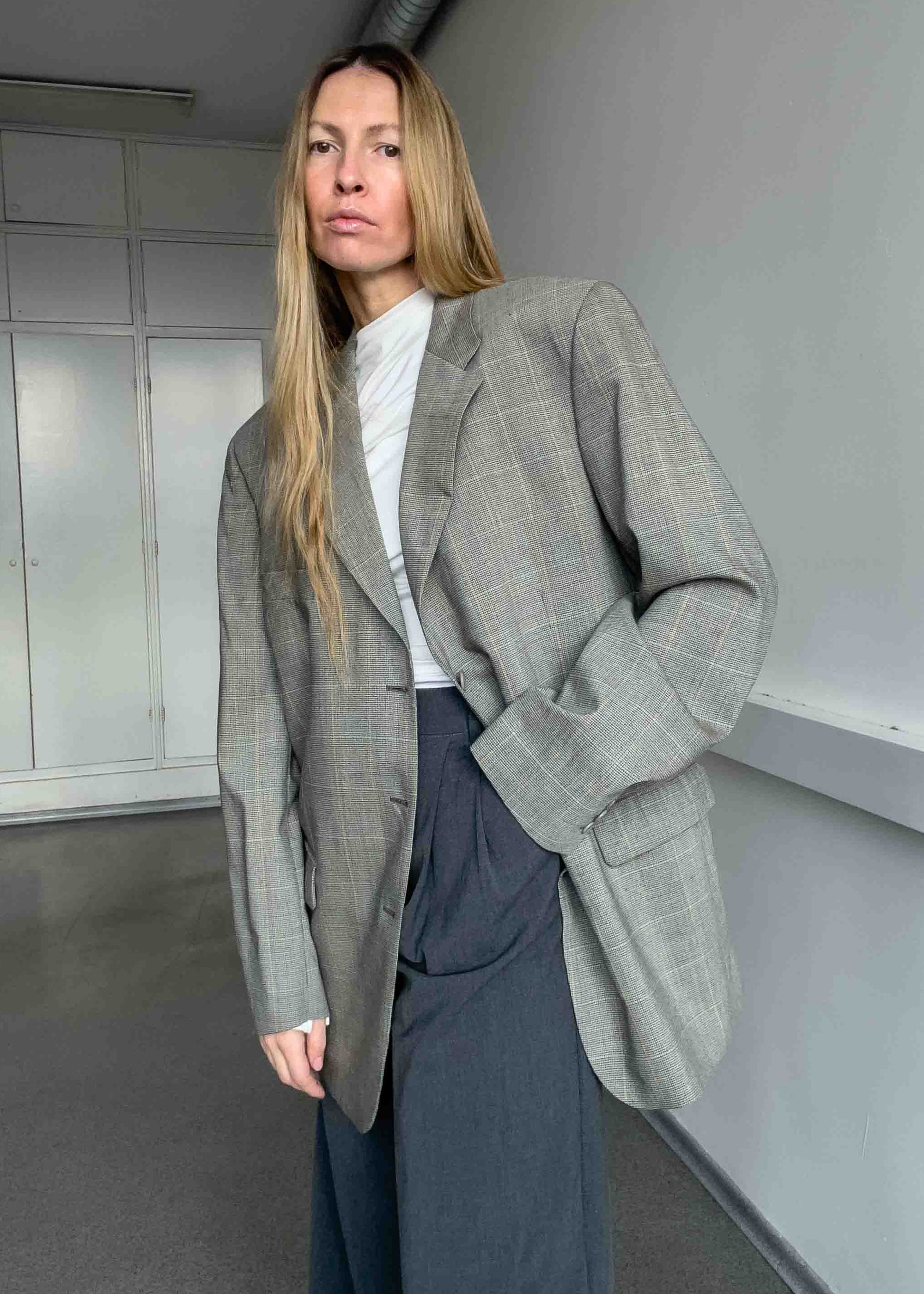 Vintage Grey Checked Oversized Blazer