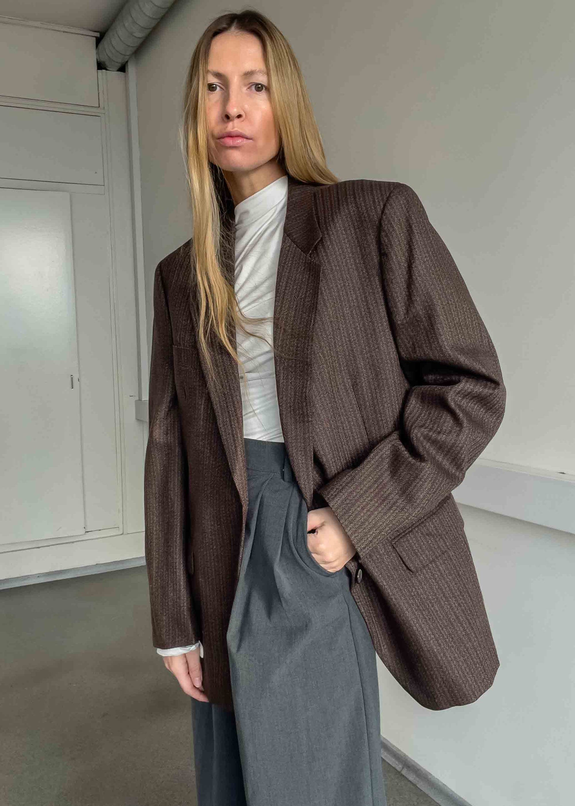 Vintage Brown Stripy Oversized Blazer