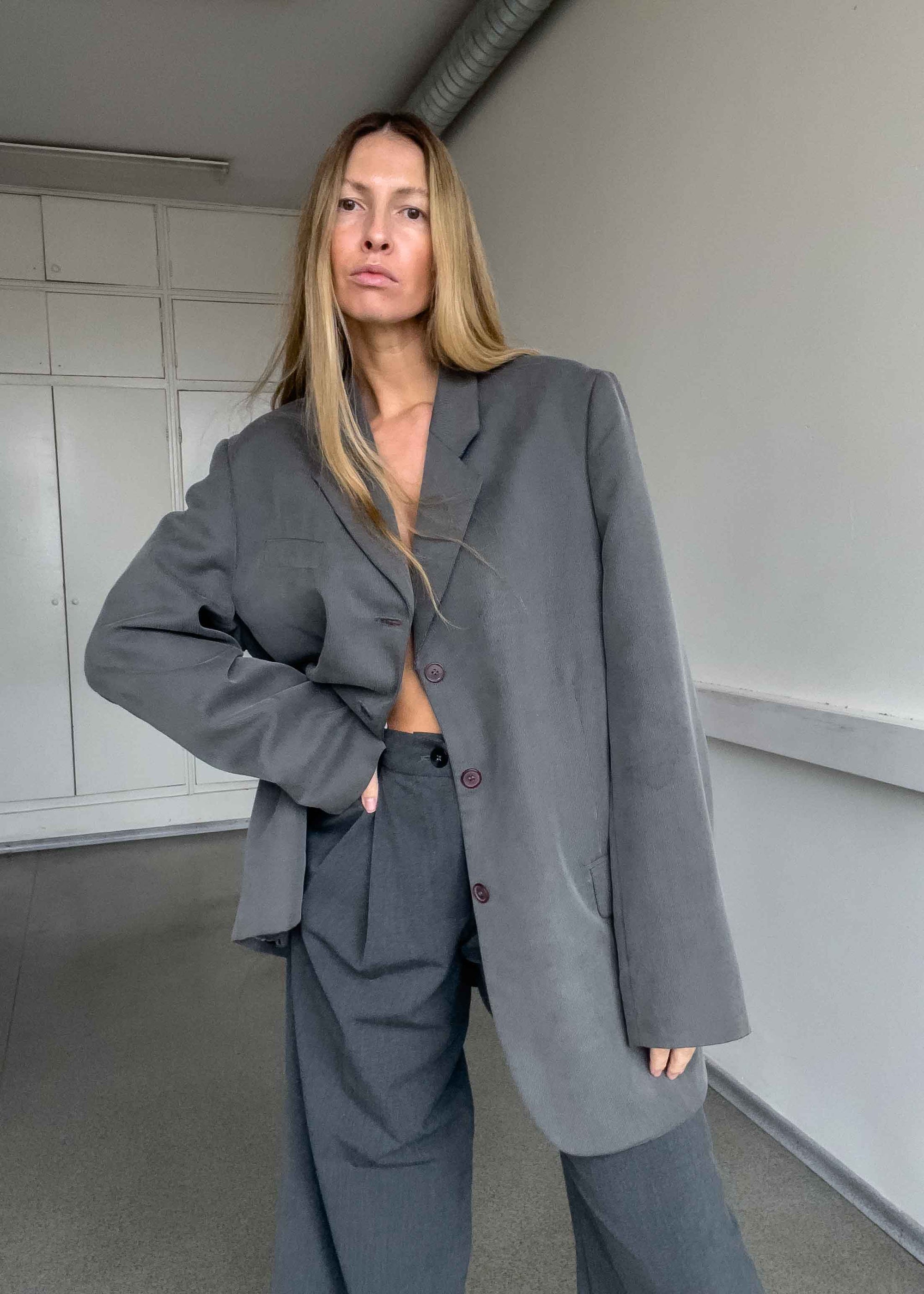 Vintage Grey Ribbed Oversized Blazer