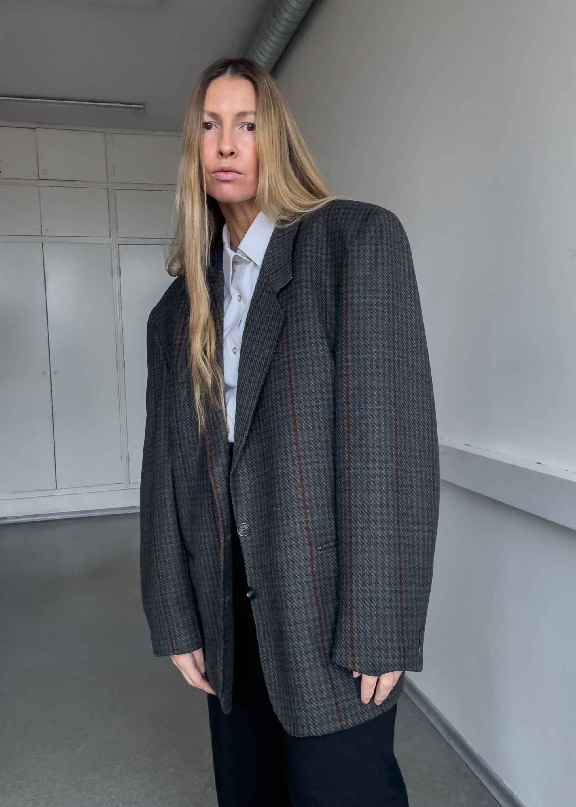 Vintage Brown Checked Oversized Blazer