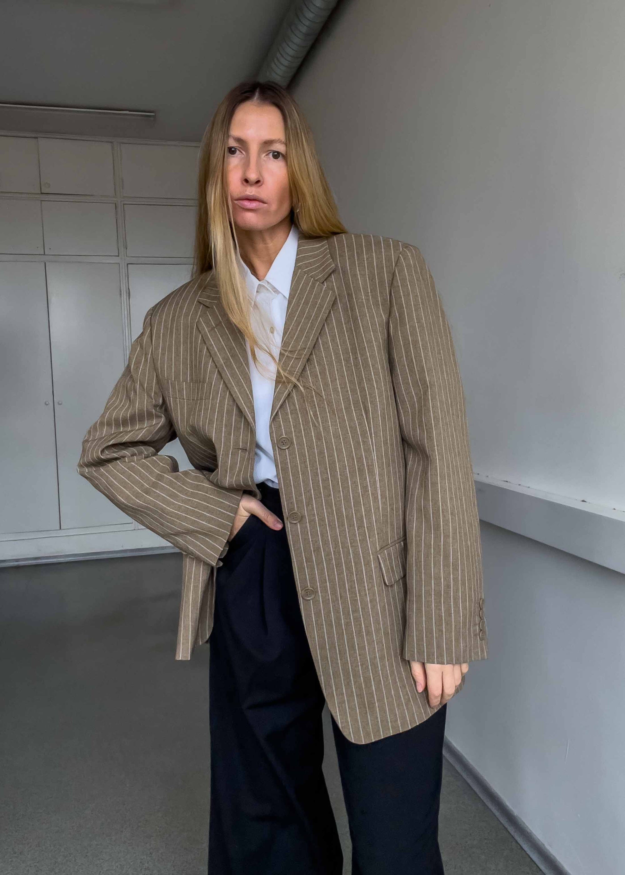 Vintage Brown Stripy Oversized Blazer