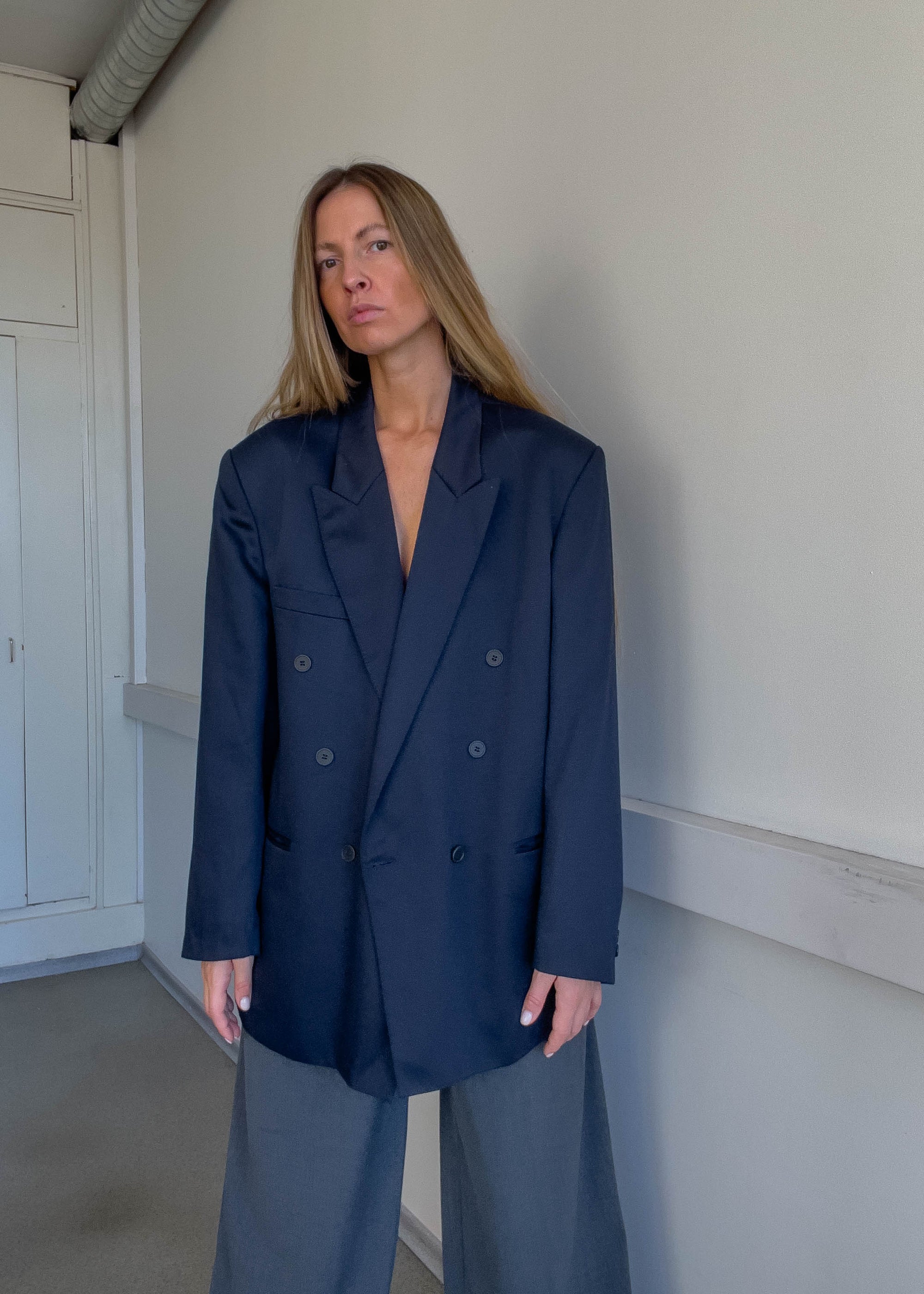 Vintage Navy Blue Oversized Double Breasted Blazer