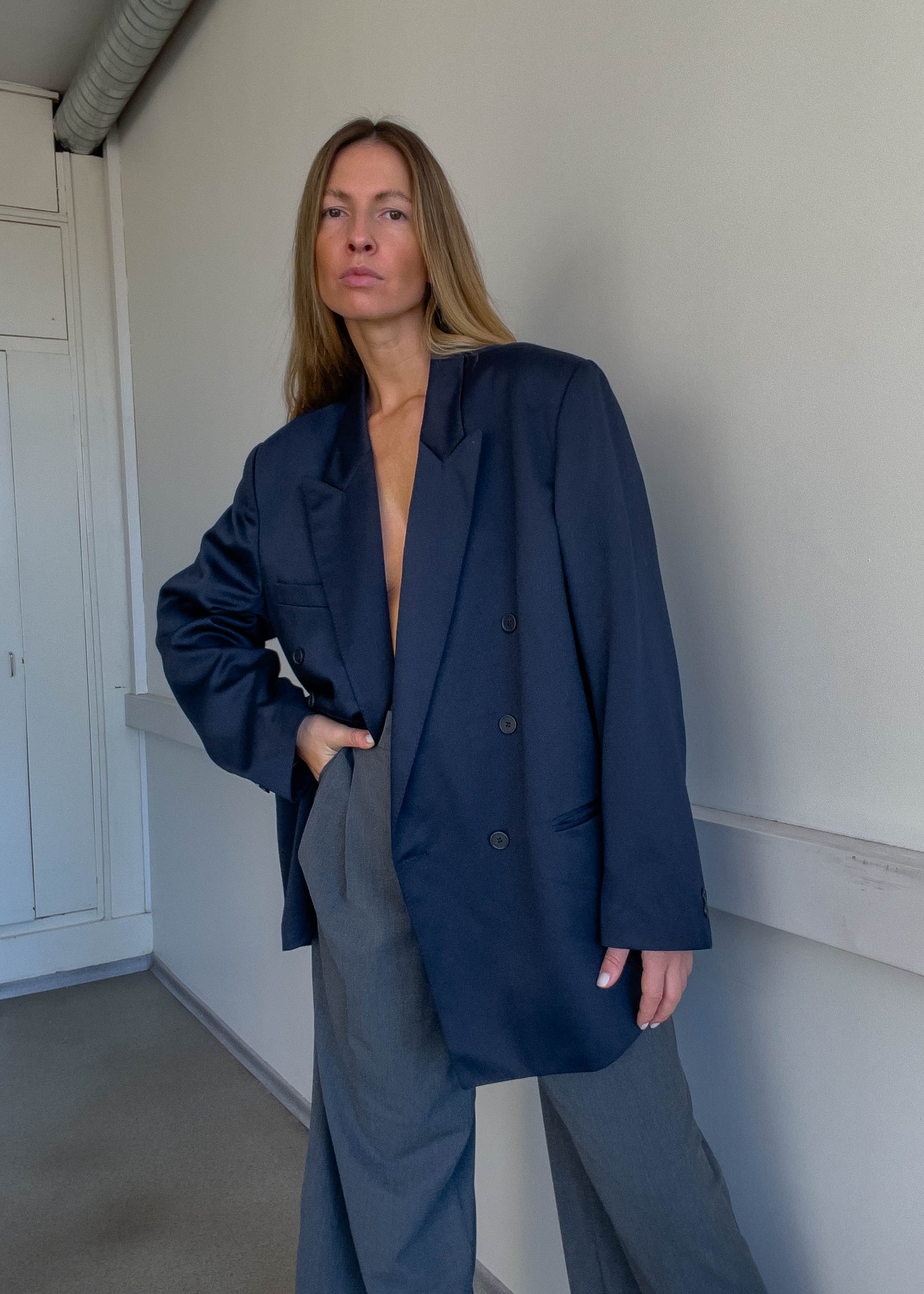 Vintage Navy Blue Oversized Double Breasted Blazer