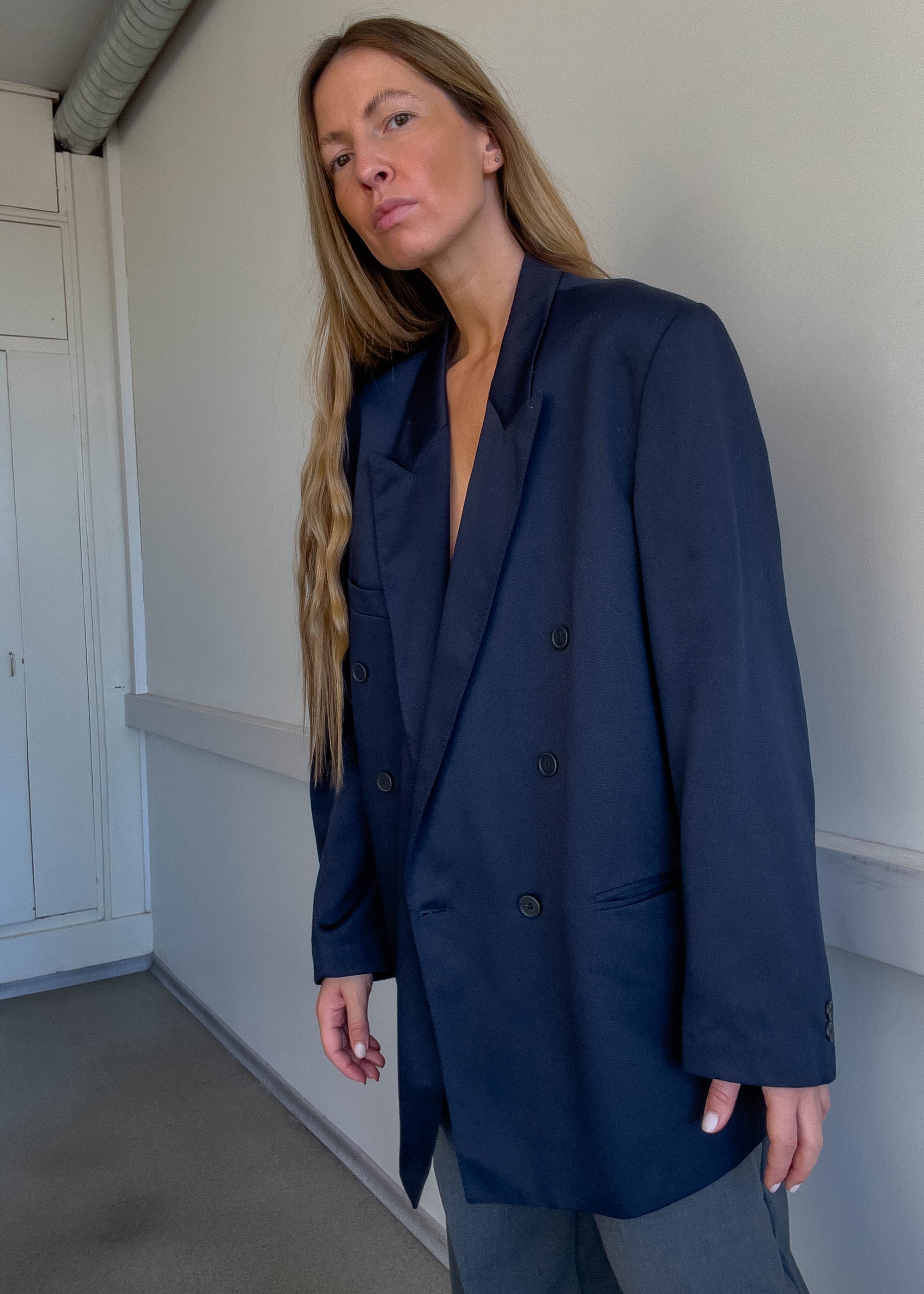 Vintage Navy Blue Oversized Double Breasted Blazer