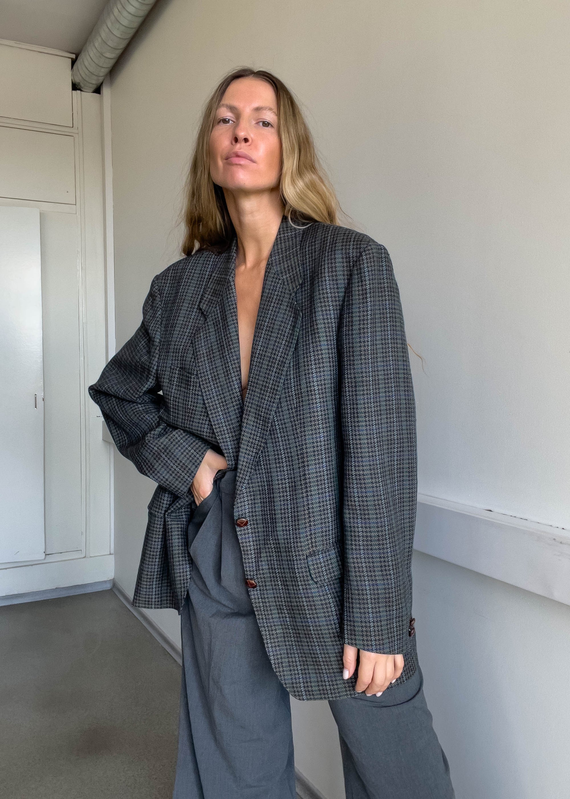 Vintage Green Checked Oversized Blazer