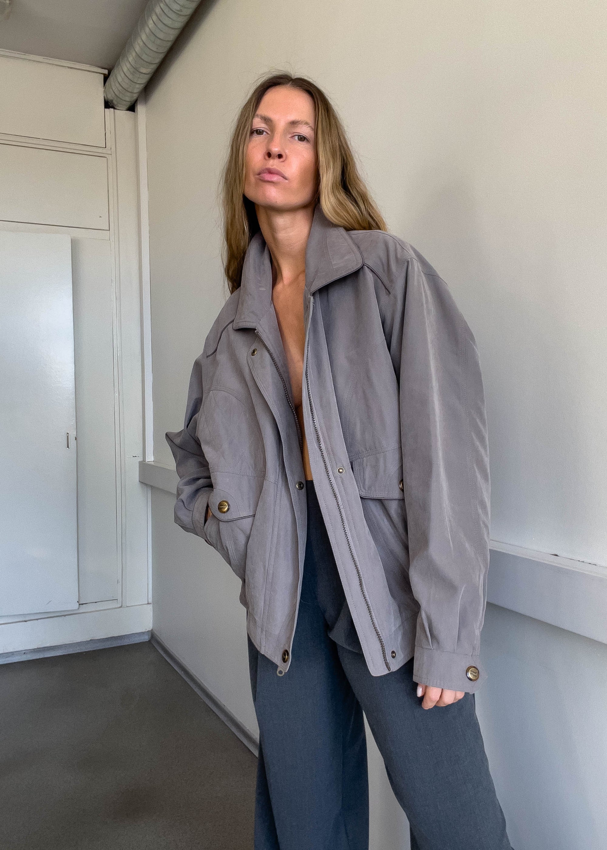 Vintage Grey Oversized Bomber Jacket